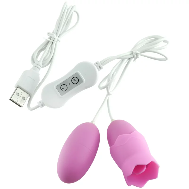 Vibrator dublu tip OU cu telecomanda pe fir pentru stimulare vaginala si clitoridiana, Roz - imagine 5