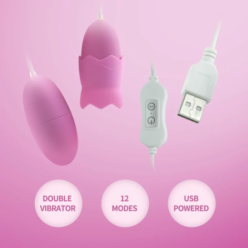 Vibrator dublu tip OU cu telecomanda pe fir pentru stimulare vaginala si clitoridiana, Roz - imagine 4