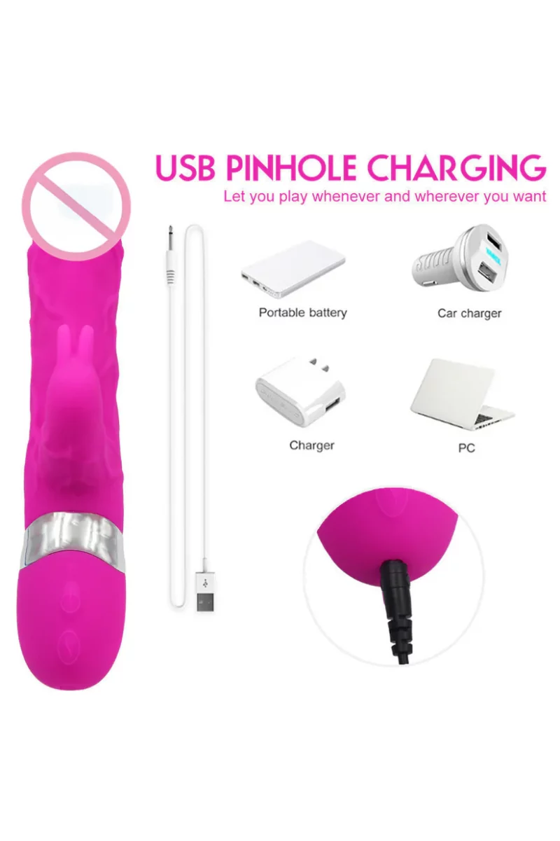 Vibrator realistic dual, tip iepuras, cu doua zone de vibratie pentru stimularea clitorisului si a punctului G, Fuchsia - imagine 2