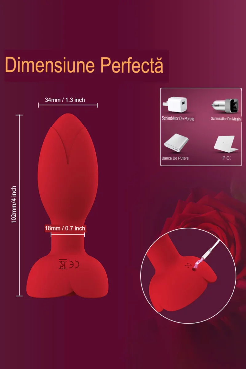 Vibrator anal, model trandafir, cu incarcare USB si telecomanda wireless, diferite moduri de vibrare, Rosu - imagine 2