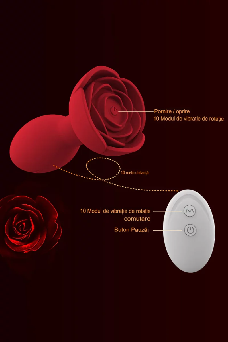 Vibrator anal, model trandafir, cu incarcare USB si telecomanda wireless, diferite moduri de vibrare, Rosu - imagine 3