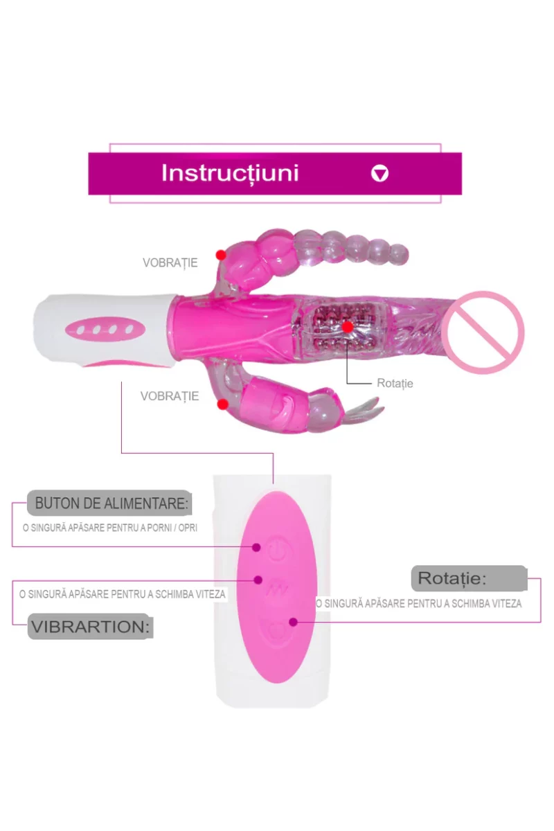 Vibrator Iepuras, triplu, cu functie de vibrare si rotire, pentru stimulare vaginala, anala si a clitorisului, Mov - imagine 4