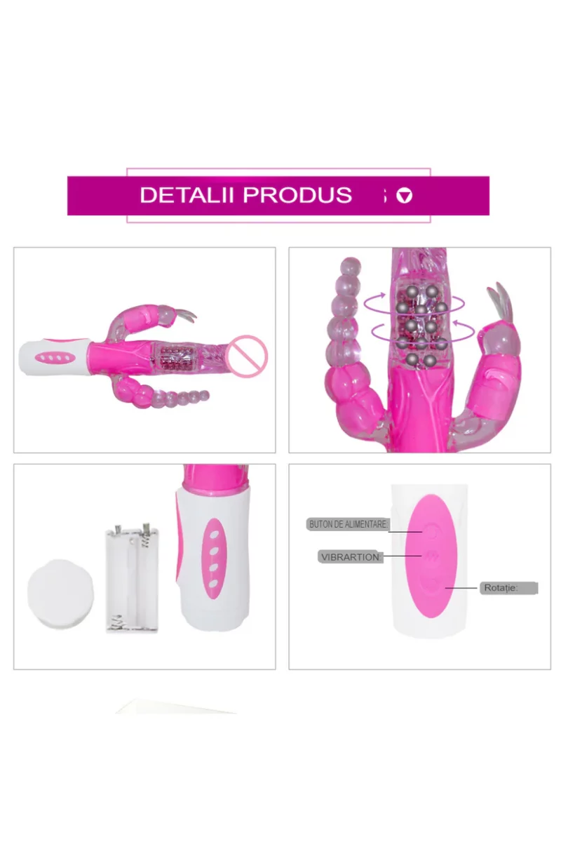 Vibrator Iepuras, triplu, cu functie de vibrare si rotire, pentru stimulare vaginala, anala si a clitorisului, Roz - imagine 5