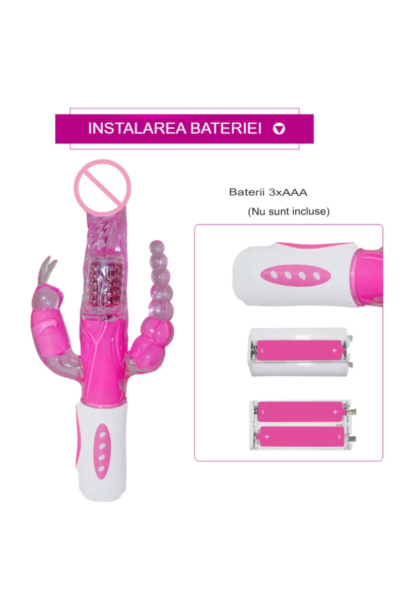 Vibrator Iepuras, triplu, cu functie de vibrare si rotire, pentru stimulare vaginala, anala si a clitorisului, Roz - imagine 6