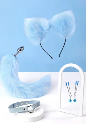 Set 4 piese accesorii fetish: dop anal cu coada, cordeluta cu urechi, chocker, accesorii pentru sani cu clopotei, SkyBlue