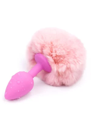 Dop anal (Butt Plug) din silicon, accesorizat cu coada pufoasa de iepuras, Roz