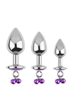 Set 3 piese dopuri anale din metal inoxidabil cu piatra "diamond glow" si clopotei, Inox+Violet