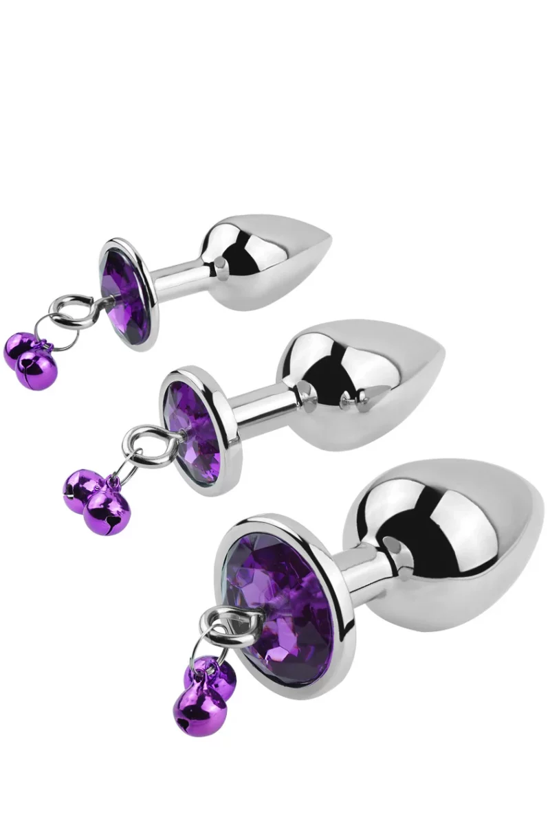 Set 3 piese dopuri anale din metal inoxidabil cu piatra "diamond glow" si clopotei, Inox+Violet - imagine 2