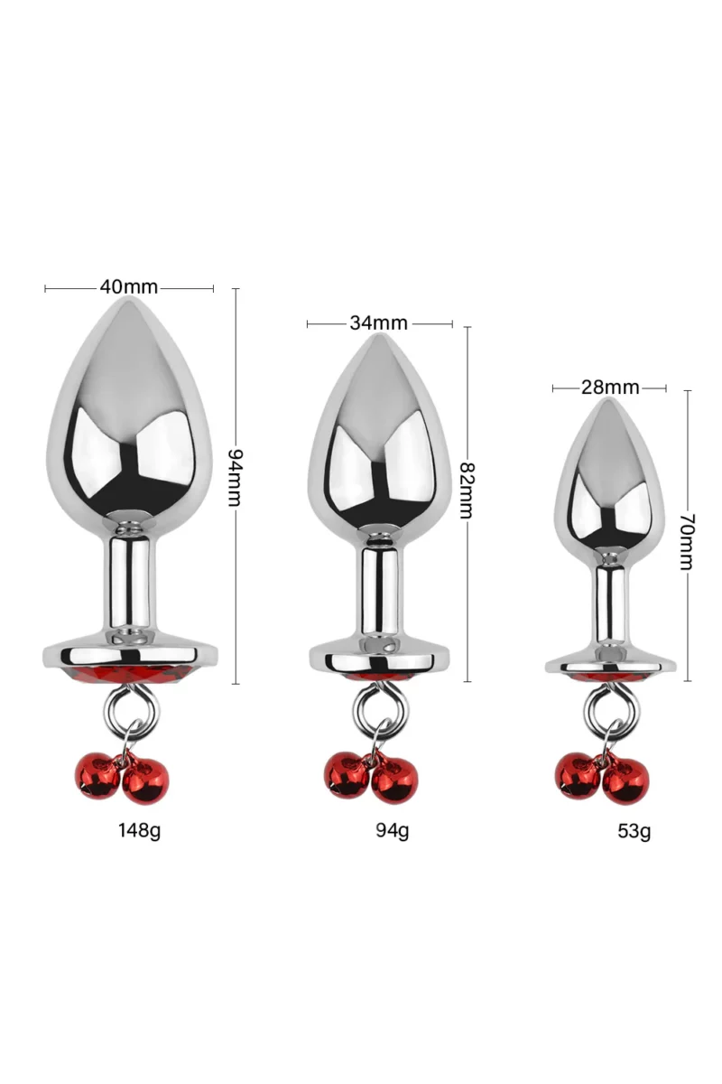 Set 3 piese dopuri anale din metal inoxidabil cu piatra "diamond glow" si clopotei, Inox+Rosu - imagine 2