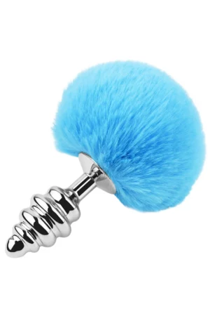 Dop anal (Butt Plug) din metal inoxidabil cu striatii si coada de iepuras pufoasa, SkyBlue