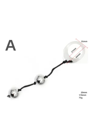 Bile anale din metal inoxidabil, 2 bile de aceeasi dimensiune si inel metalic la capat, Argintu+Negru