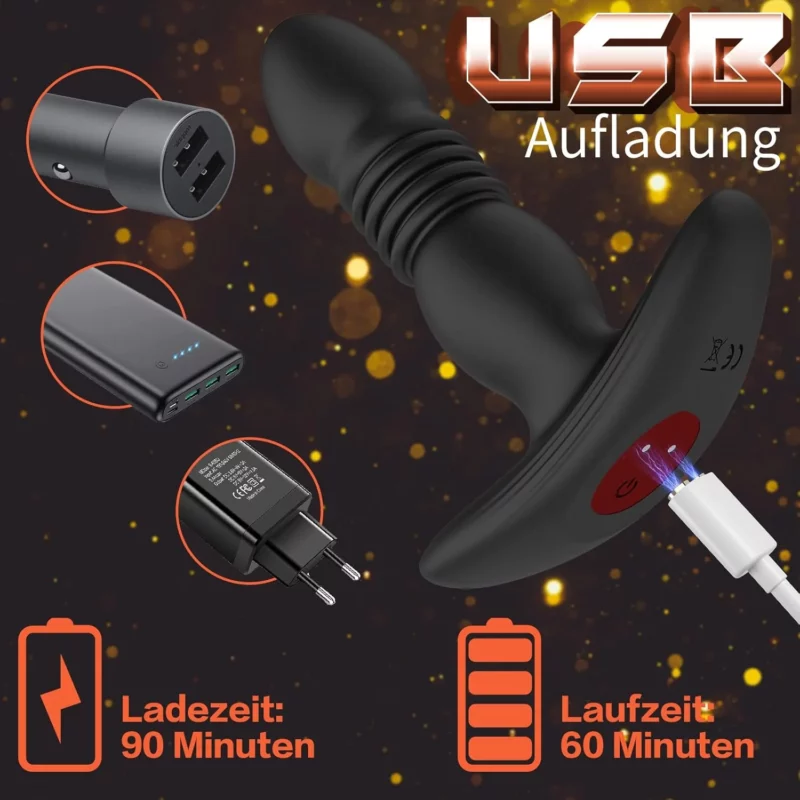 Vibrator anal cu functie de impingere/telescopca, telecomanda wireles, Negru - imagine 3