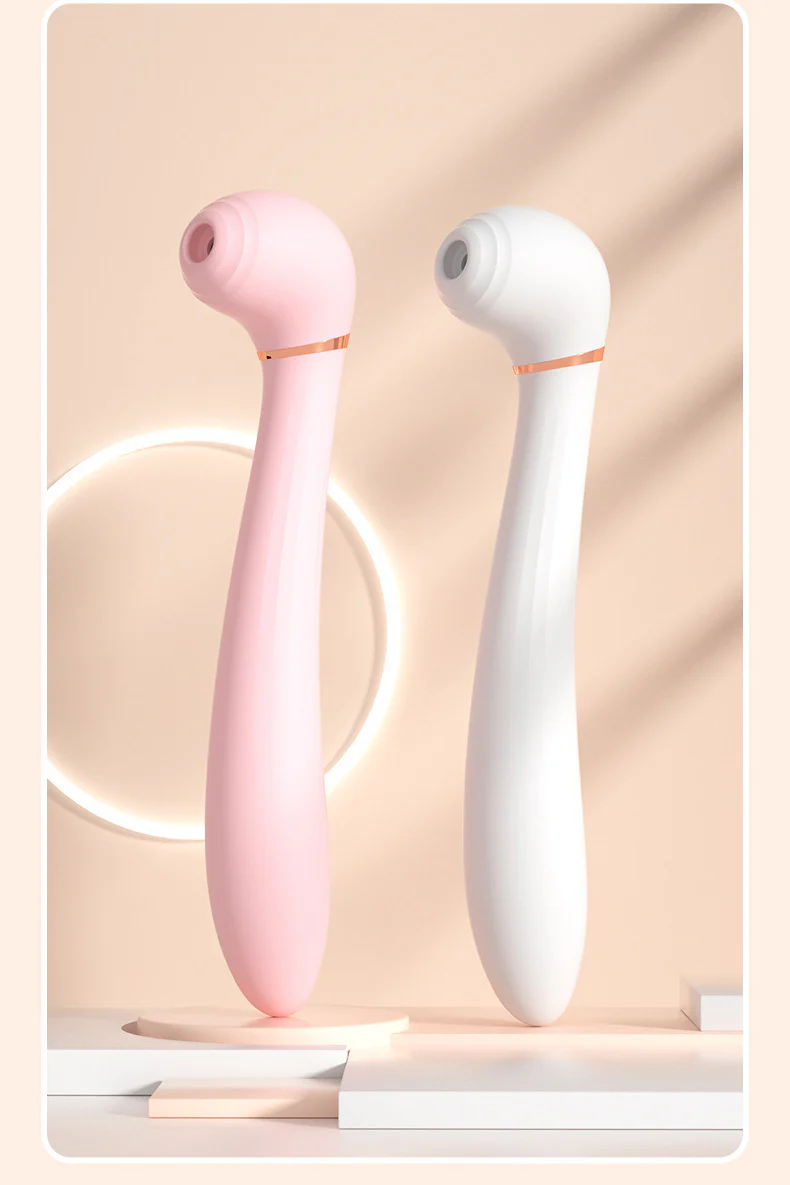 Vibrator Premium cu 2 Capete, Funcție de Vibrare și Sucțiune Clitoridiană, Silicon Medical, Roz și Auriu TOY557-5 - imagine 3